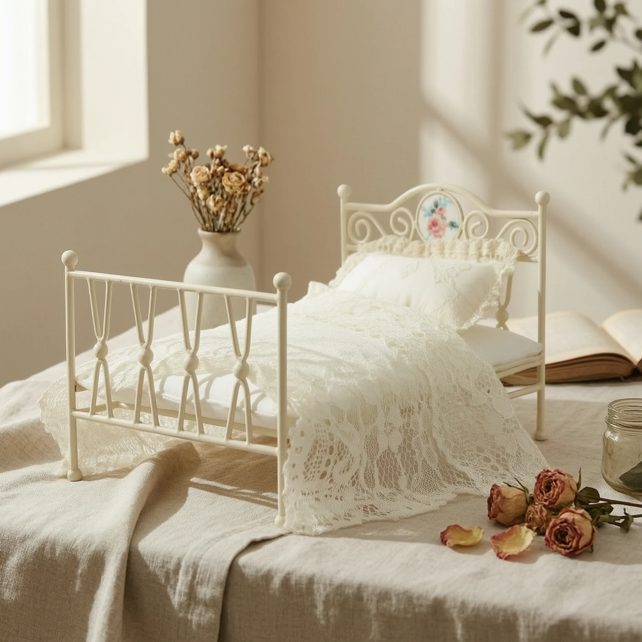 Bed with Bedding Decorative Miniature Metal Bed Furniture Sturdy Stable for Collectors, Display Scenes