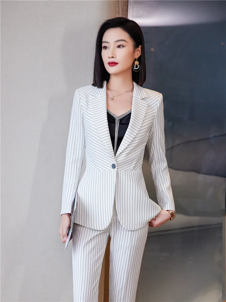 Formal Pant Suit for Women Long Sleeve Blazer and Trousers Blue Striped Suit Office Business Work Wear Lady Fashion 2 Piece Set