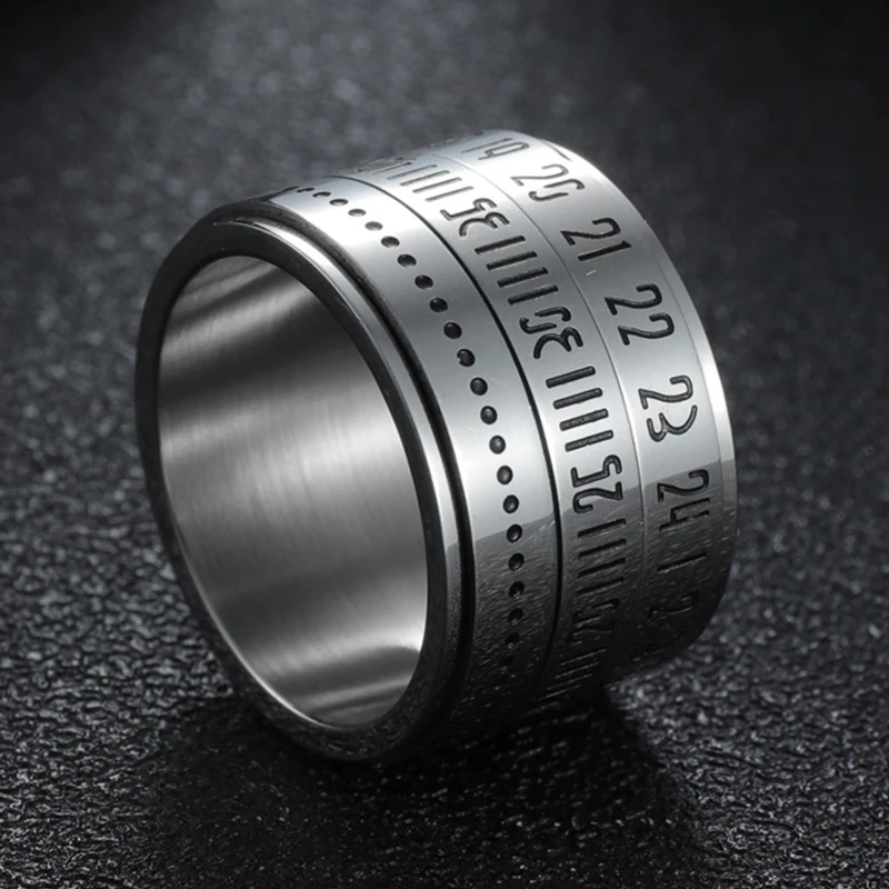 

Time Shape Men Rings Silver Color Stainless Steel Rotating Ring Arabic Numerals Calendar Shape Anel Masculino Fashion Jewelry