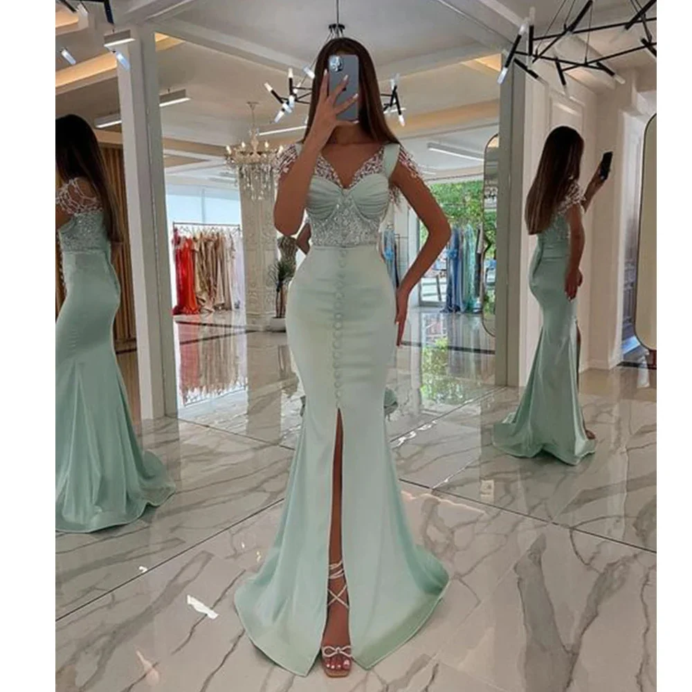 

Lily Green Beading Mermaid Charming Prom Dresses Gown Tassel Button V Neck Formal Gown Mint Stain Evening Gown 프롬 드레스 Customized