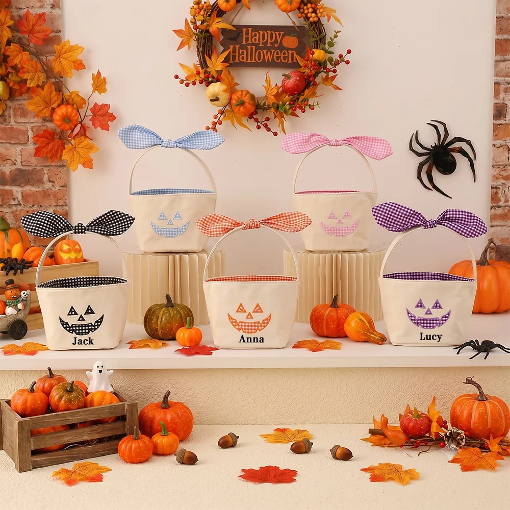 Kleiner Kürbis-Halloween-Korb aus Segeltuch, Süßigkeiten-Eimer mit Gingham-Schleifengriff für Kinder, Trick-or-Treat-Party-Dekoration – Detail 11