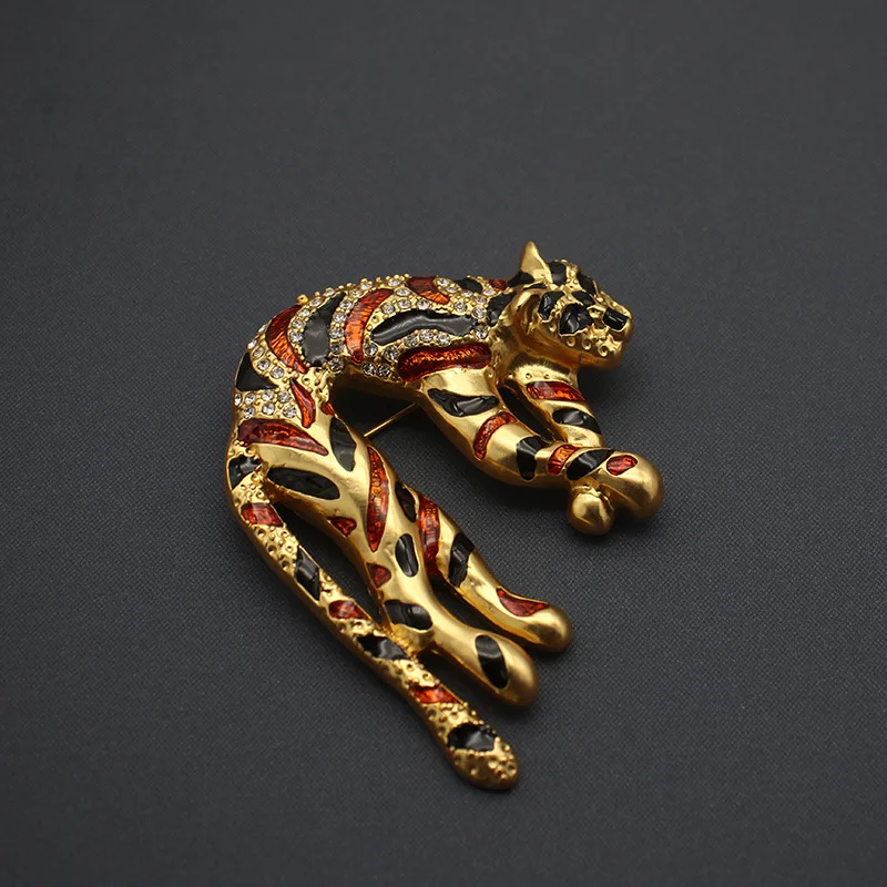 Used Real Gold Electroplated Luxury Thick Real Gold Leopard Enamel Brooch