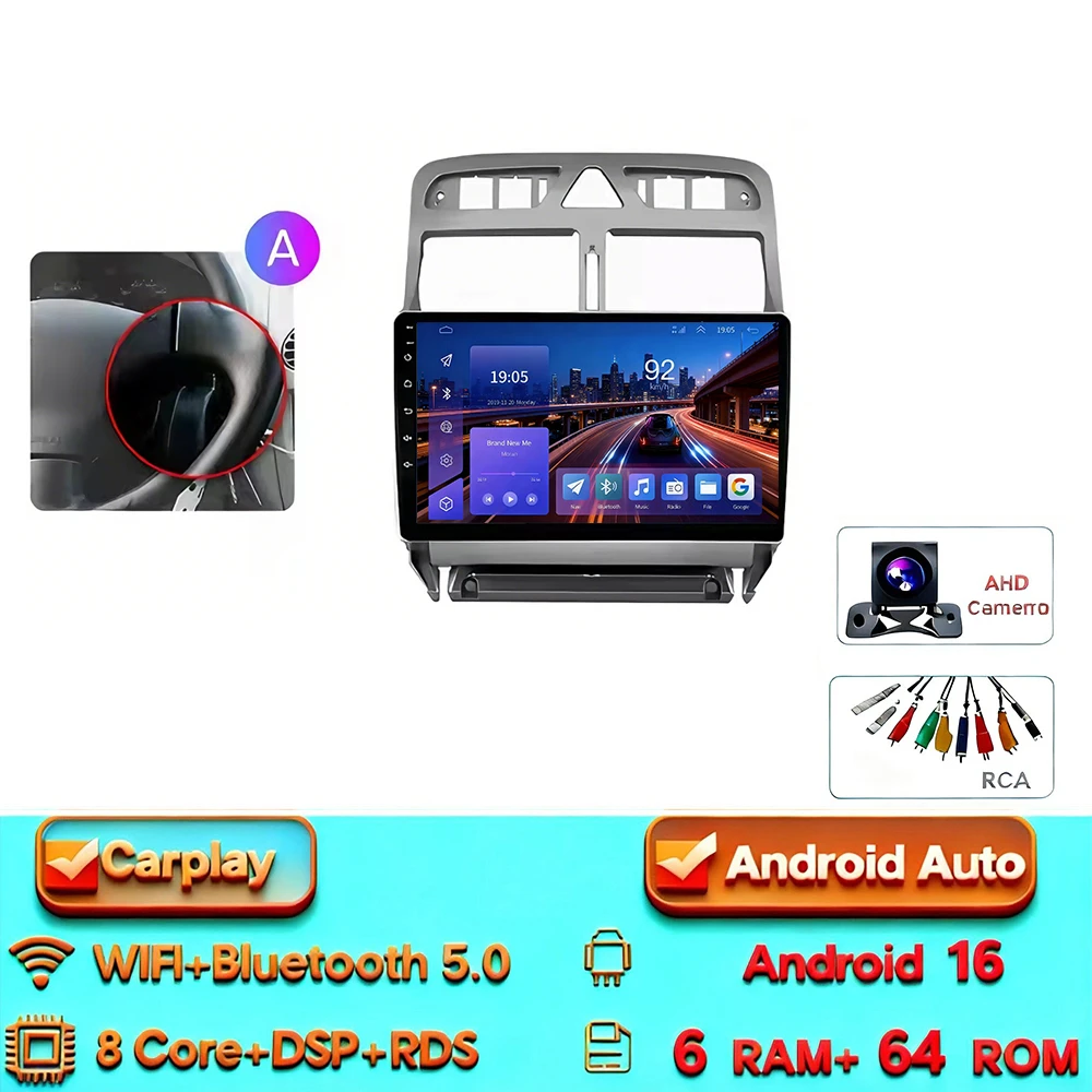 Android 16 Carplay Android Auto 2din Autoradio voor Peugeot 307 307CC 307 SW 2004-2013 4G WIFI GPS DSP BT Touchscreen Multimedia