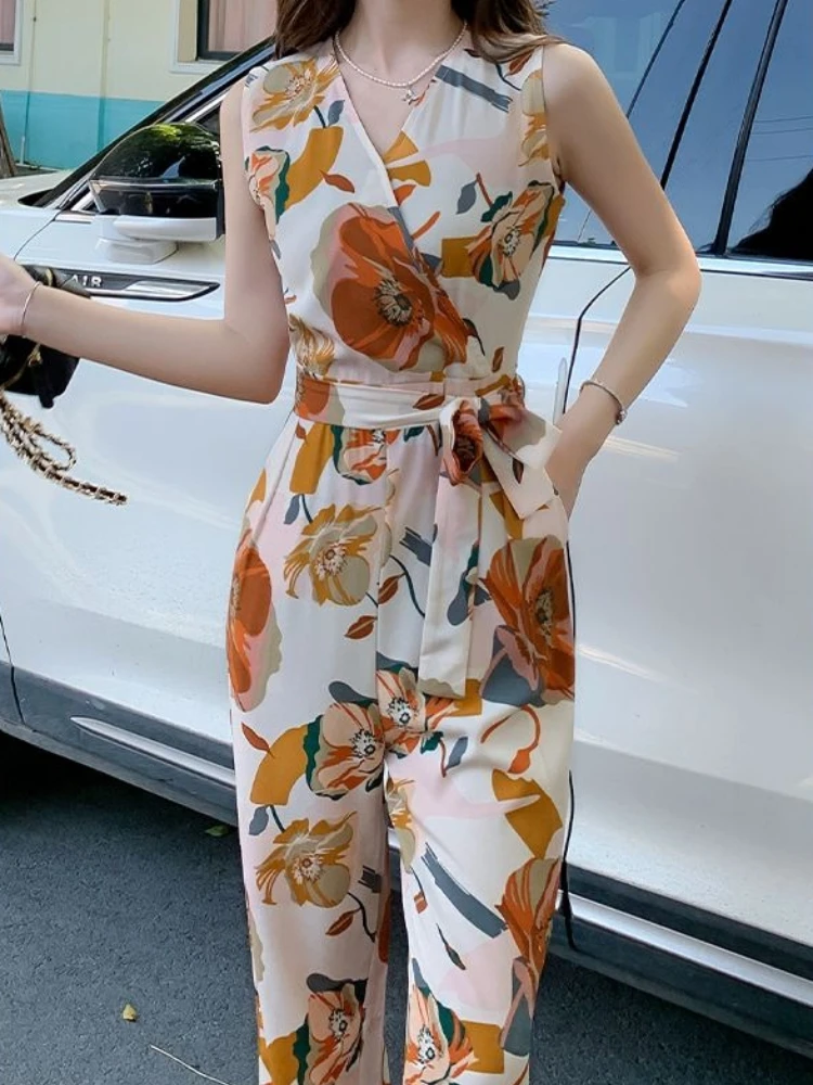 

2026 Spring Summer New Arrival Women's Printed Wide Leg Jumpsuit High Waist Slimming Belted Korean Style Elegant