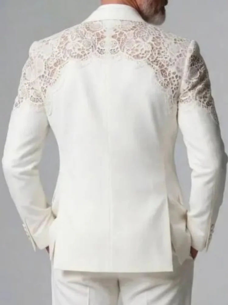 Mens Fashion Lace Spliced Shawl Lapel Blazer Single Breasted Slim Fit Groom Wedding Suit Jacket Men Outerwear