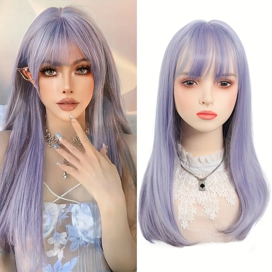 Light Purple and Dark Purple Straight Synthetic Wig For Cosplay, Parties, And Daily Wear Light Green Highlights Light Blue