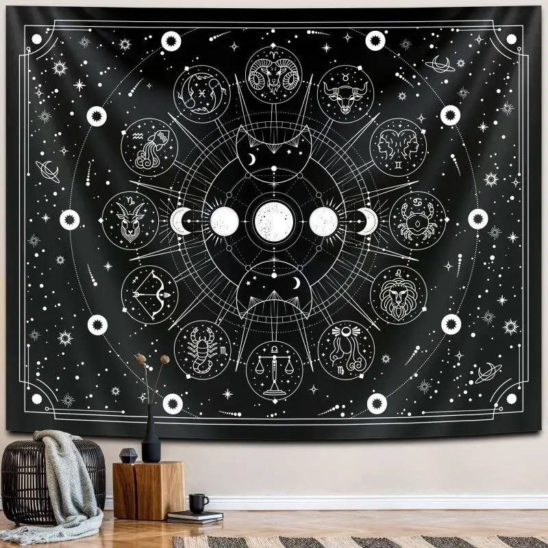 VIKAMA Mysterious Black Cat Moon Phase Star Tapestry Bohemian Celestial Gothic Wall Hanging Bedroom Study Decoration