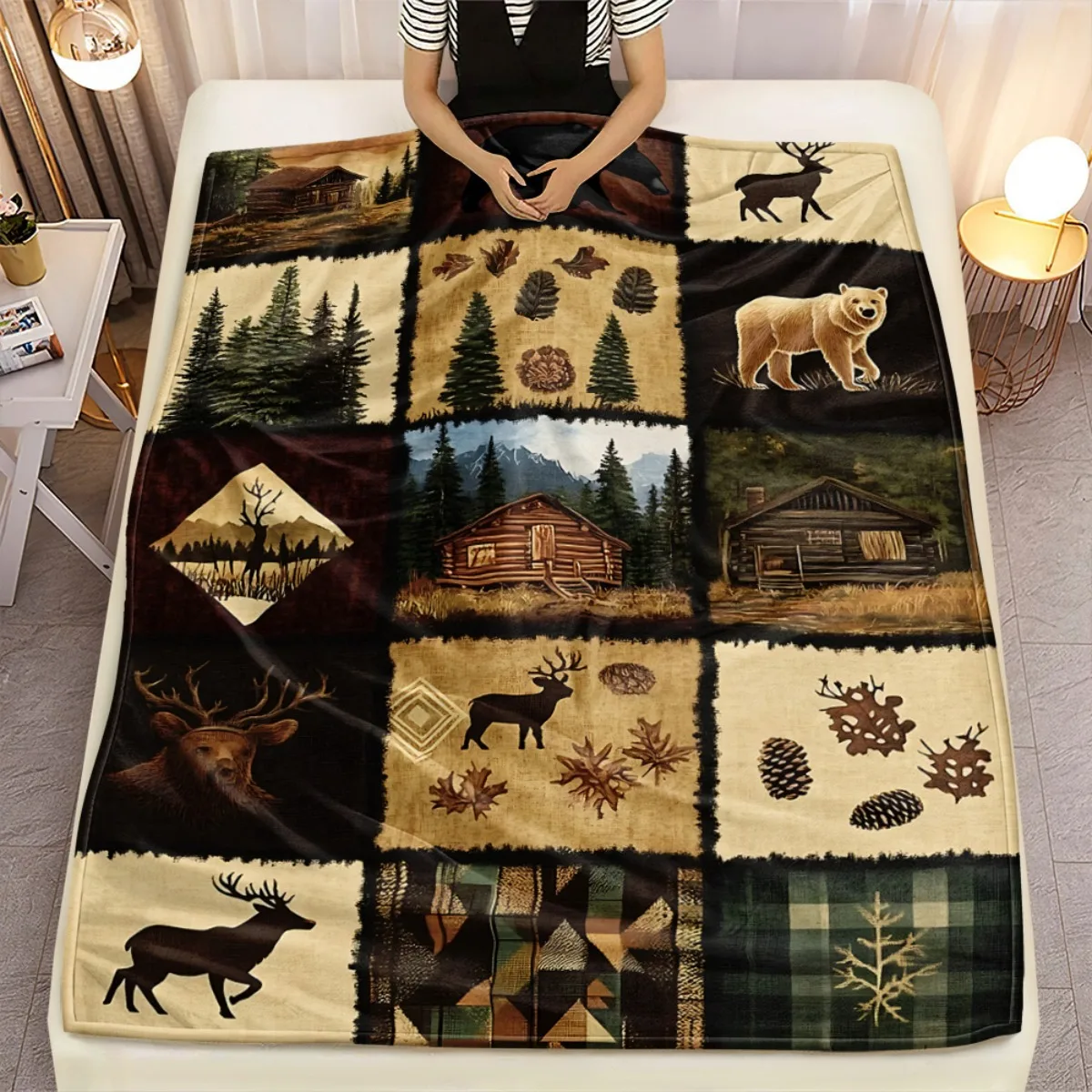 Rustic forest cabin deer bear blanket flannel country lodge decor hunting themed blanket cozy winter blanket