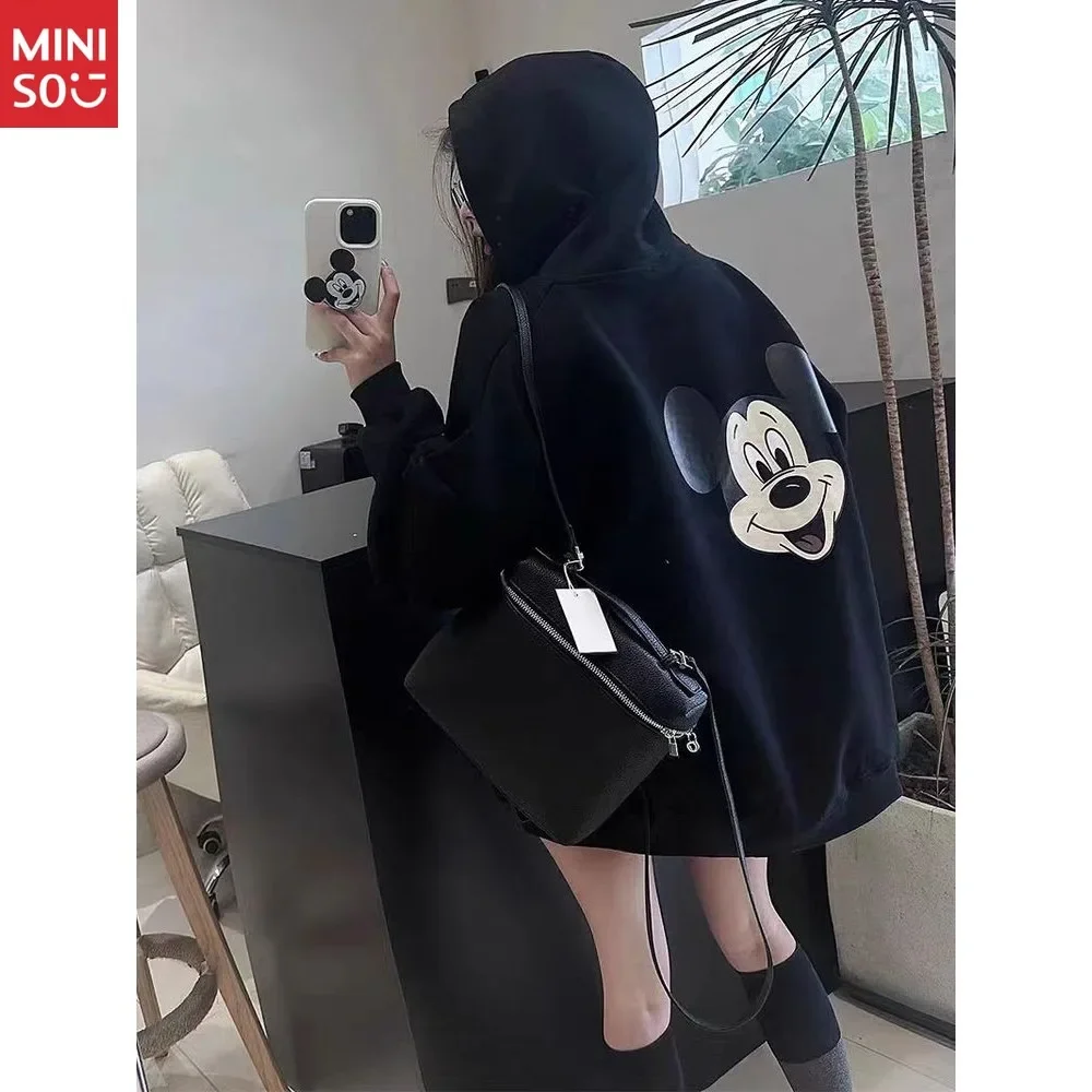 

Miniso Mickey Mouse Cartoon Print Black Hooded Sweater Women's Autumn and Winter Loose and Thin Versatile Long-sleeved Top