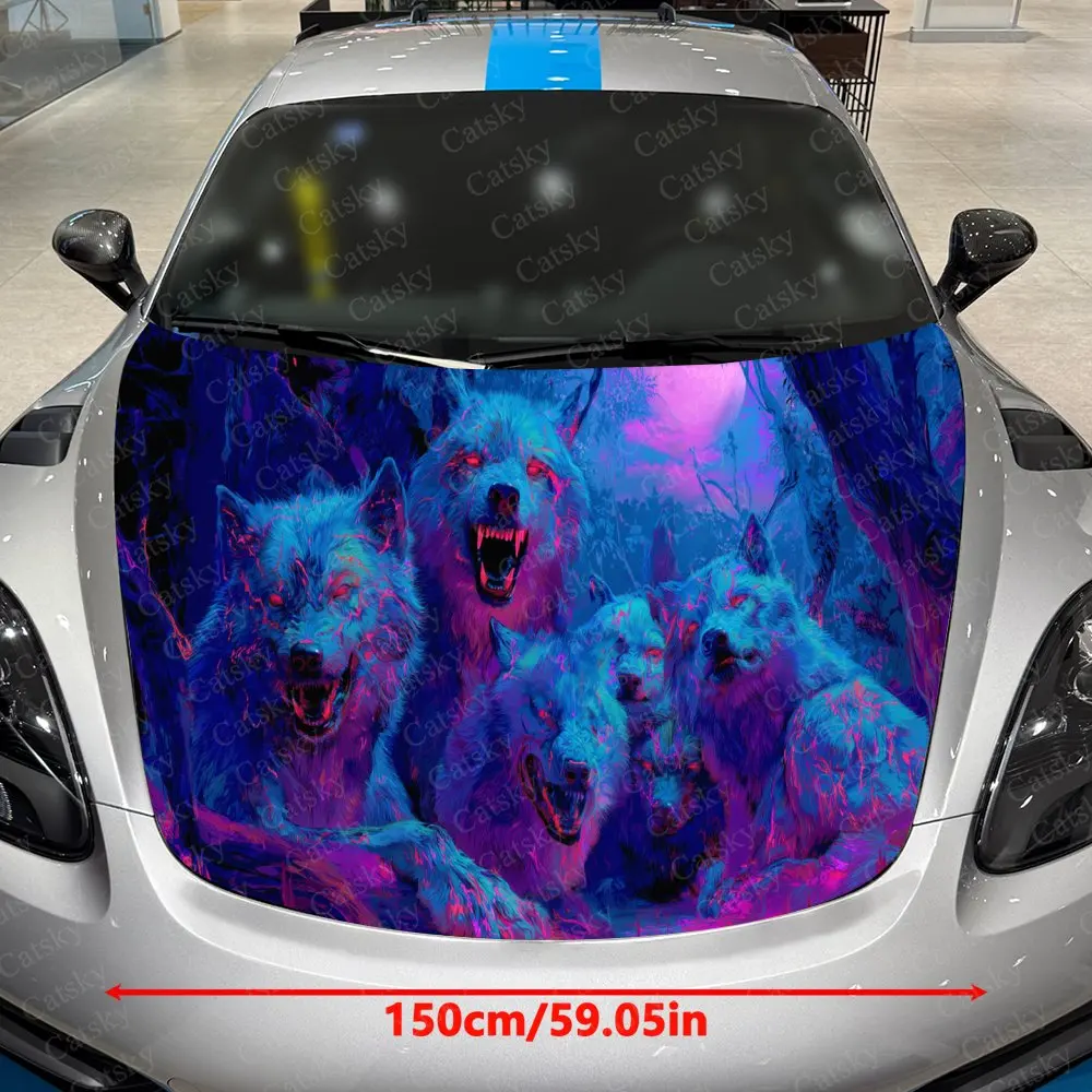 Crimson Flames Entwine Blue Wolves Car Vinyl Wrap, PVC Waterproof Car Hood Sticker, Self-Adhesive Scratch-Resistant Stickers