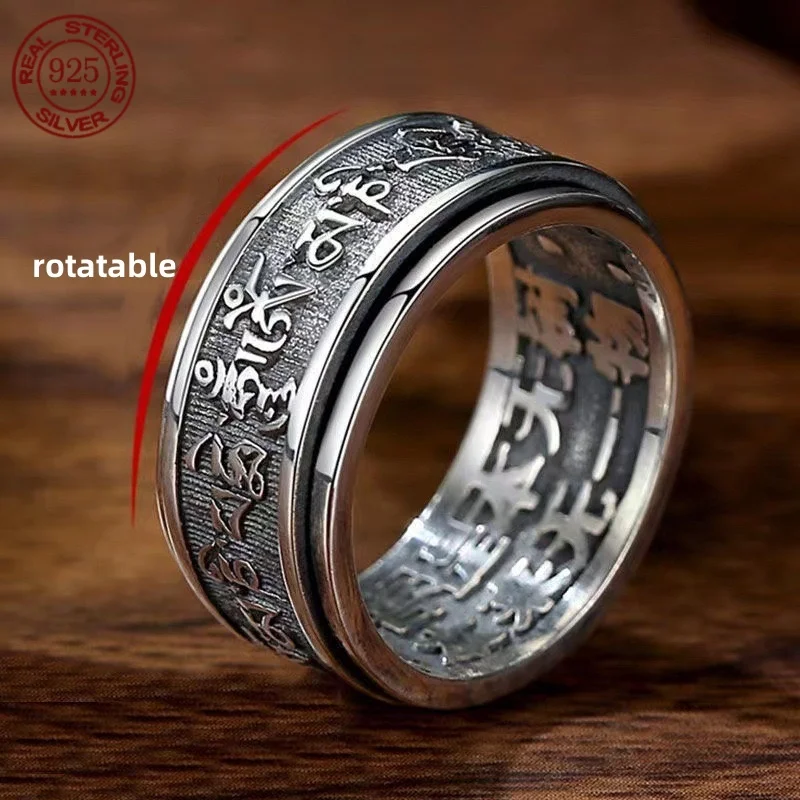 

Real 925 Sterling Silver Vintage Rings For Men Rotatable Tibetan Six Words Mantra Rings Om Mani Padme Hum Buddhist Jewelry