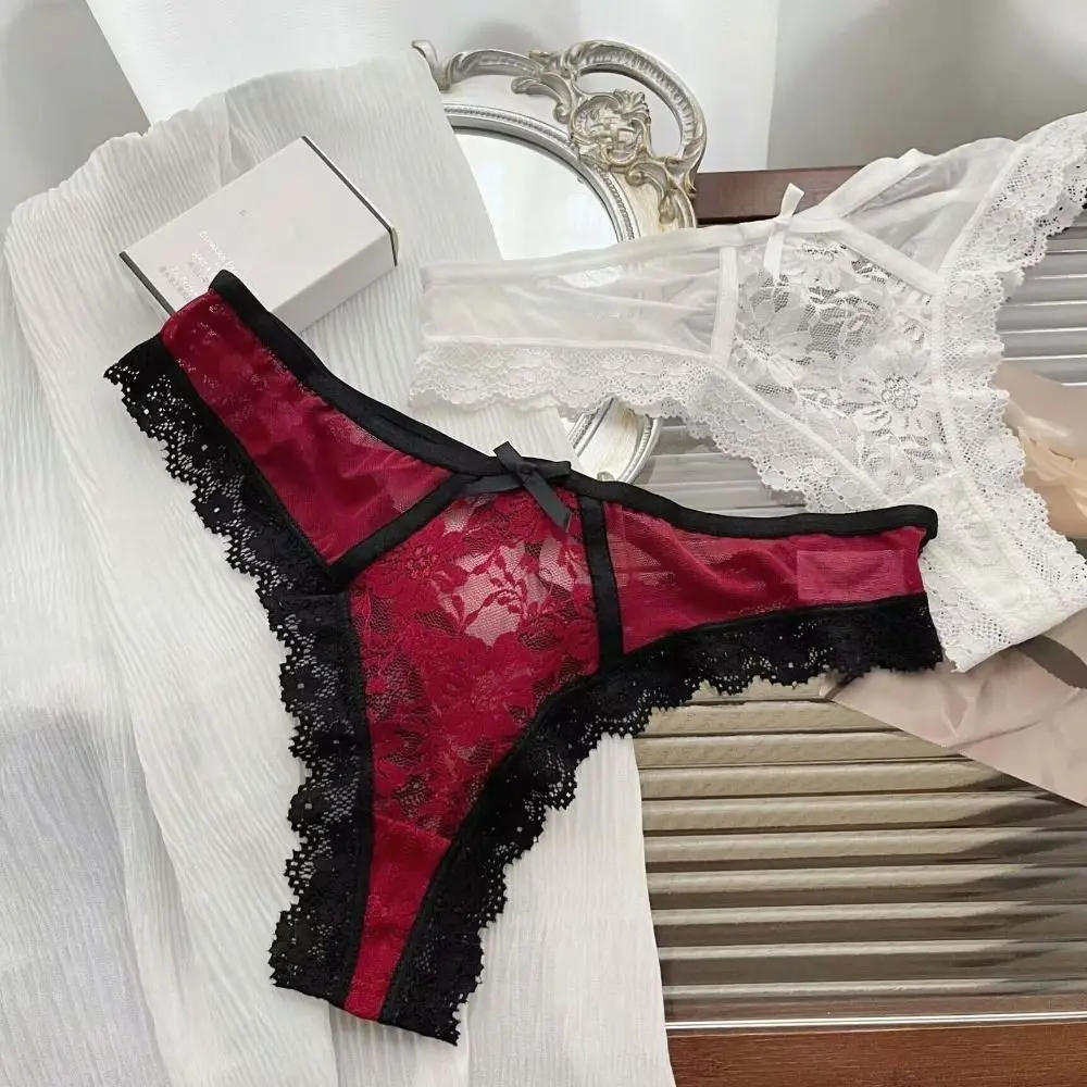 Sweet Patchwork Mesh Floral Bowknot Panties Thong Hollow Out Lace Flower Transparent Briefs Female Lingerie Underwear Lady