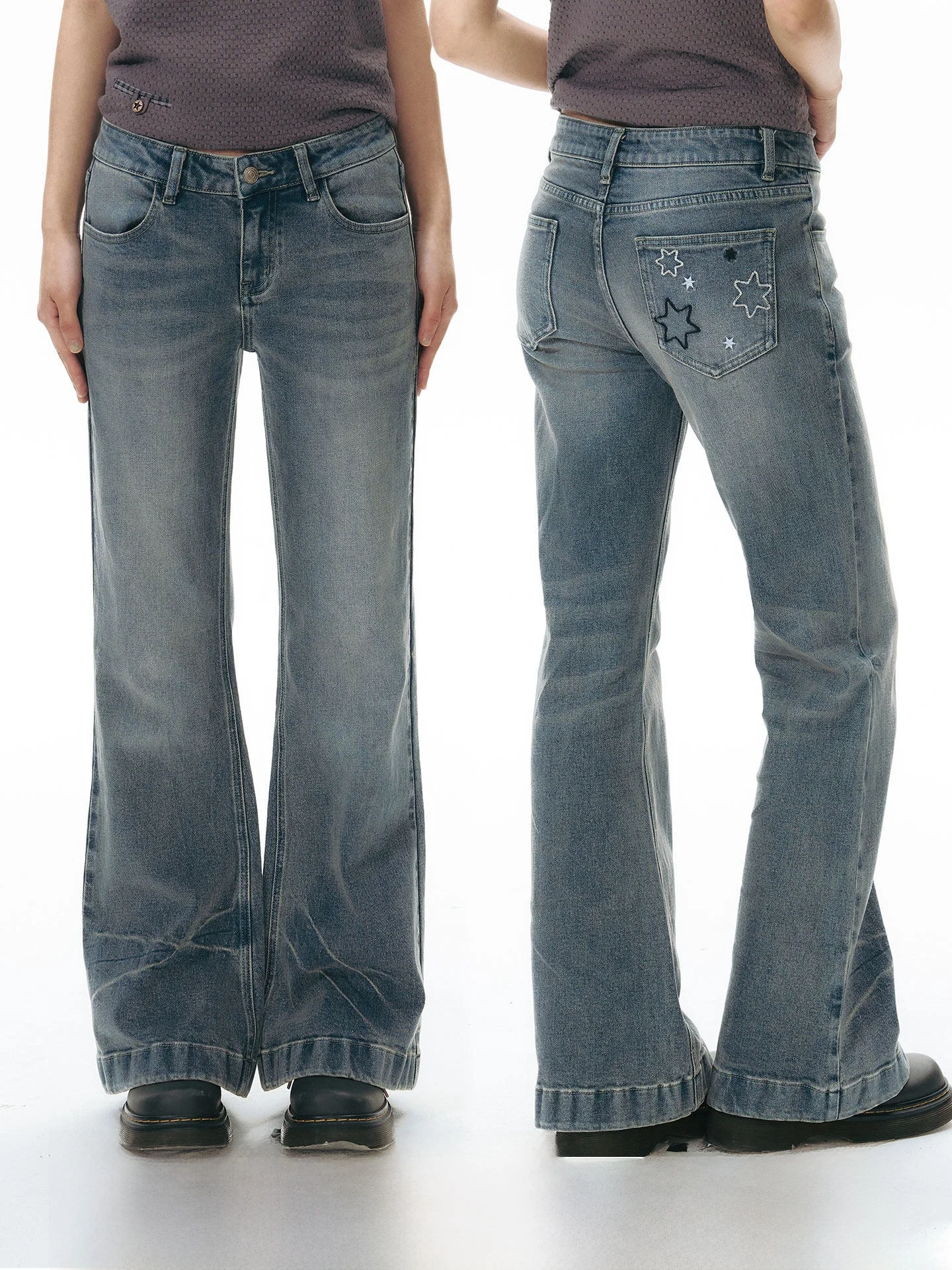 

NAPSNAPS Original Star Embroidery Bell Bottom Jeans Women's Spring New Style Retro Slim Fit Long Cotton Denim Pants