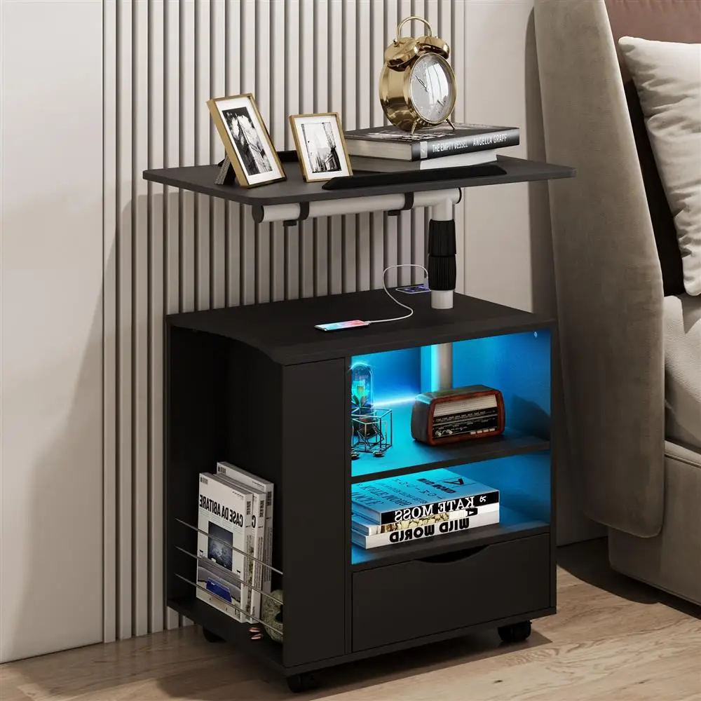 

For NOVA Black Bedside Table With Sensor LED Light Wooden Bedroom Nightstand Moveable Living Room Side End Table With USB Charge