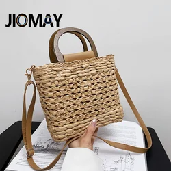 JIOMAY-Bolso de paja para playa, Cartera de diseñador de alta calidad, con cordón cerrado, tejido de ganchillo, 2024