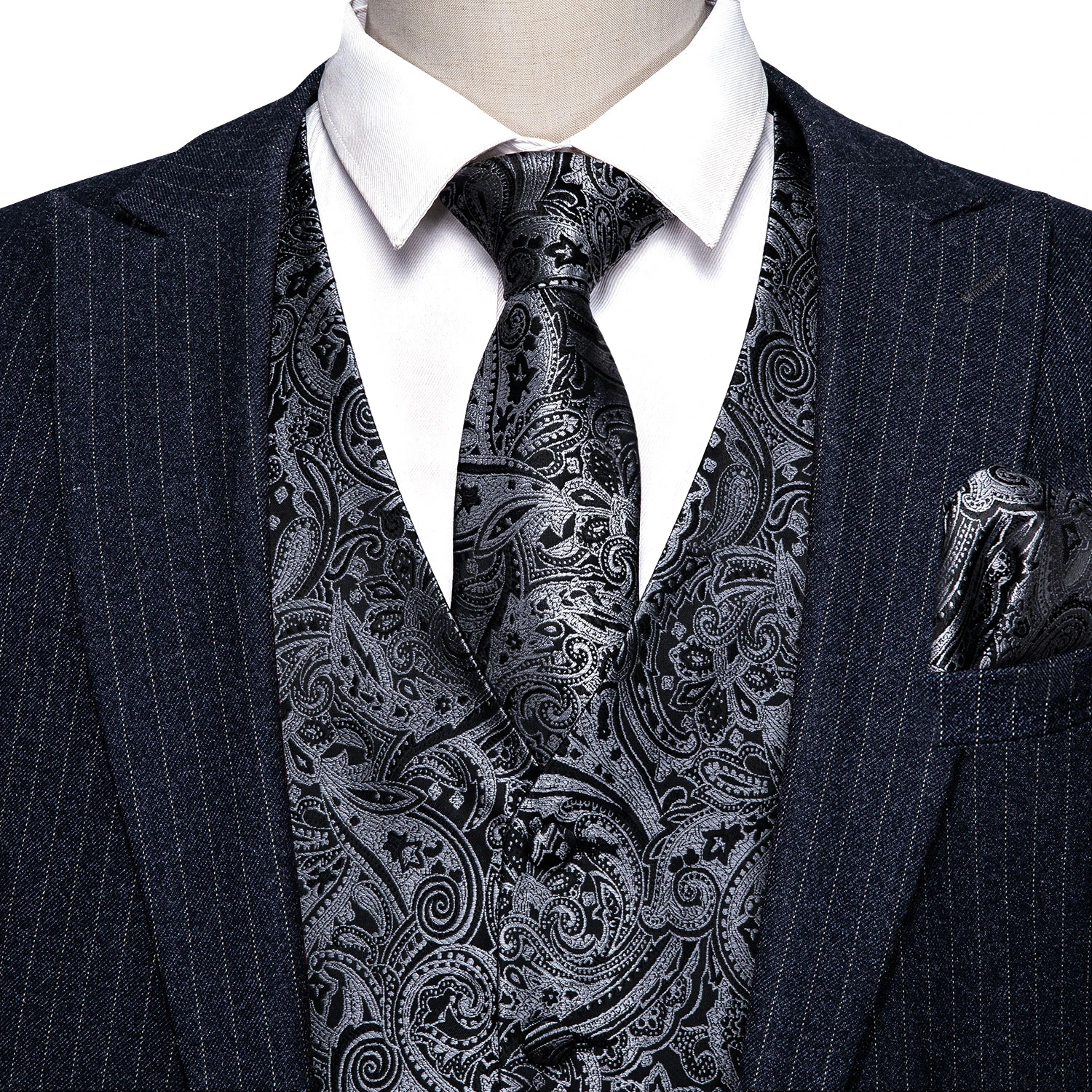 Elegant Mens\'s Vest Silk Black Silver Pasley Floral Dress Suit Waistcoat Tie Bowtie Set Sleeveless Jacket Formal Barry Wang