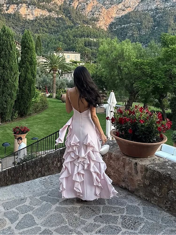 Lightpink cetim plissado maxi vestido feminino decote profundo sem mangas sereia cabido robe 2025 novo verão jardim festa senhora vestidos