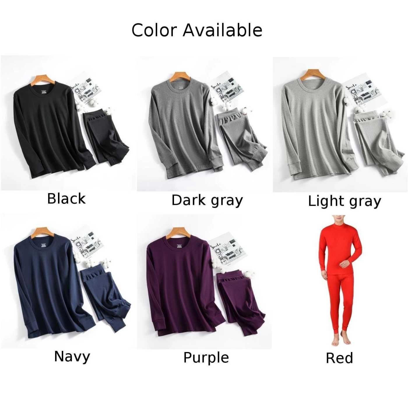 Celana dalam panjang katun + poliester pria, Set pakaian dalam termal leher O atas bawah warna Solid cocok untuk musim gugur/musim dingin