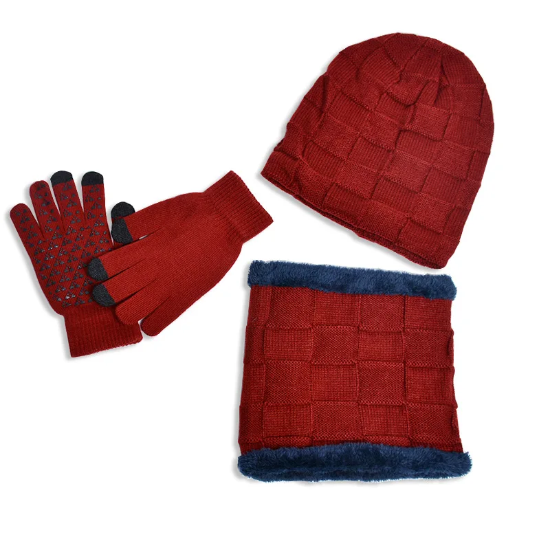 Men Winter Knitted Hat and Scarf Gloves Set Women Warm Plush Hat 3 Piece Suit Male Outdoor Ski Cap Ring Scarves Solid Man