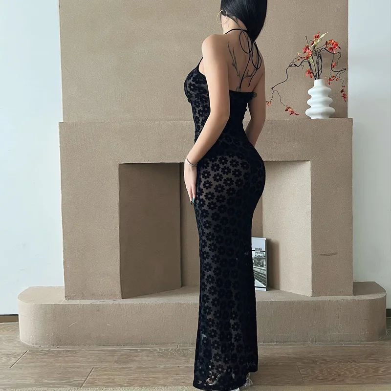 Combhasaki Damen-Kleid mit Schnürung, überkreuztem Neckholder, durchsichtigem Netzstoff, durchsichtiger Ausschnitt vorne, gestreift/Blume, rückenfrei, figurbetont, langes Partykleid