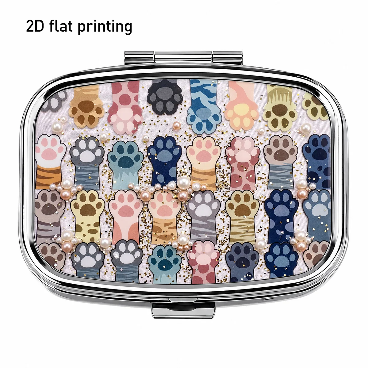 1Pc, Flat Printing, Colorful Cat Paw Print Repeating Pattern Square Small Pill Box, Durable Metal Double-Compartment Storage Box, Suitable for Organizing Medicines, Vitamins, Jewelry Accessories, and Small Items, Easy to Open and Close, Convenient to Carry, Safe and Secure, Practical Gift for Travel, Commuting, Camping, and Daily Life.