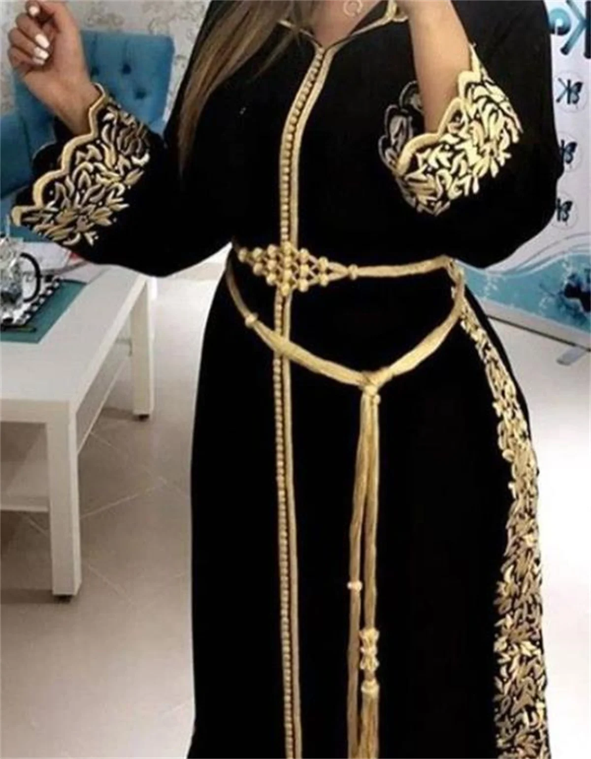 Vestido de noite manga comprida com decote em v, Robe preto dourado, Kaftan marroquino pérola, Vestido árabe, Bordado Alto Lace Custom