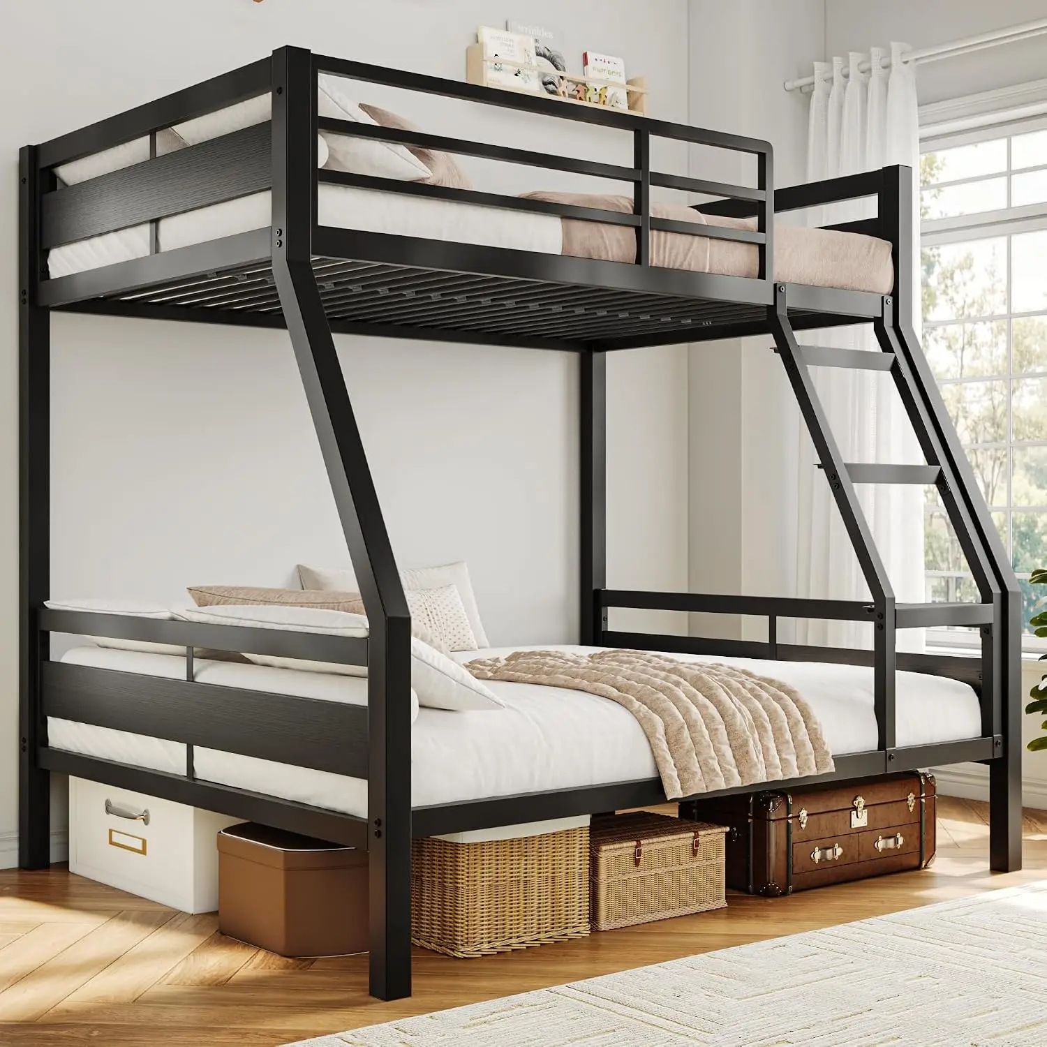 Metal Bunk Bed Twin Over Full, Heavy Duty Frame with Guardrail & Ladder, Under Storage, Easy Assembly, Black, Custom