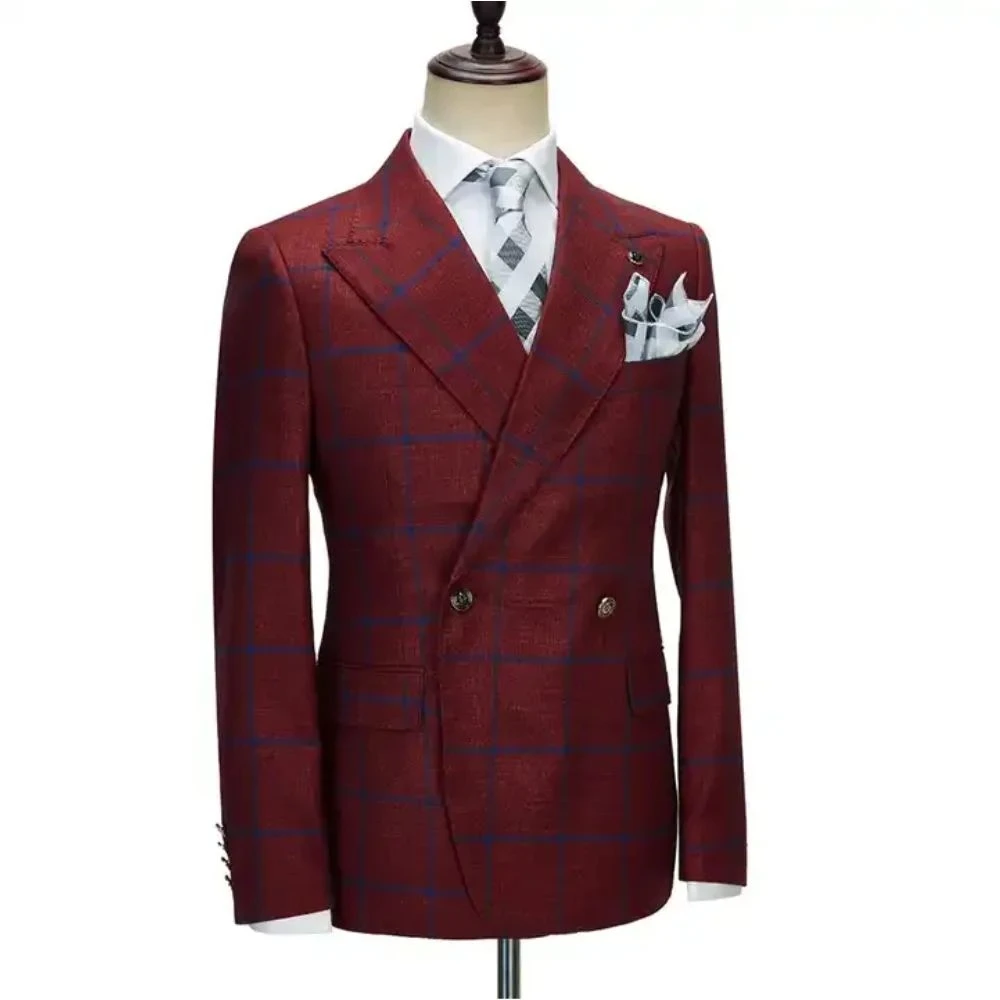 men suit party 2024 New Male Suit Tailor-Made 3 Pieces Set Fashion Plaid Peak Lapel For Business Wedding Party Singer Groom