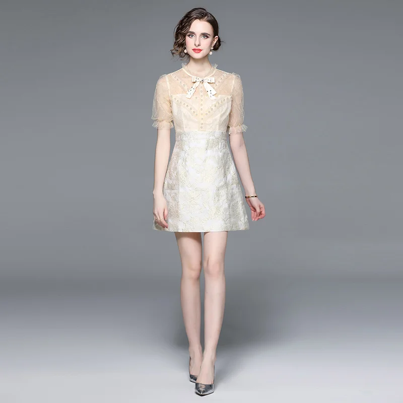 

Fashion Elegant Women Summer O Nech Short Sleeve Lace Patchwork Beading Jacquard High Waist Party Casual A Line Mini Dresses