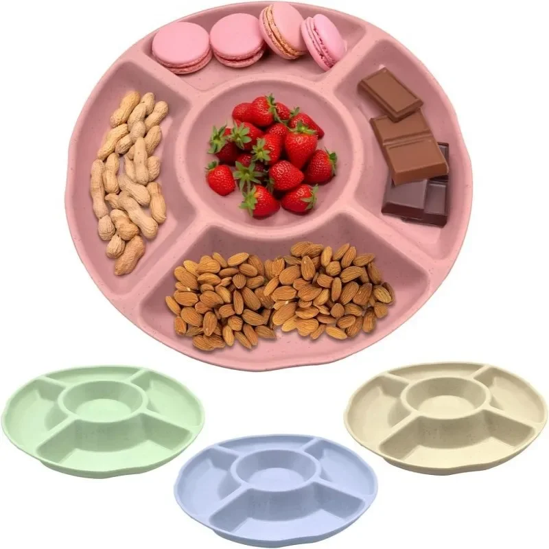 【4 Pack Divided Snack Plates】5-Section Round Serving Trays for Fruits, Candy, Appetizers - Party Platter for Home & Events