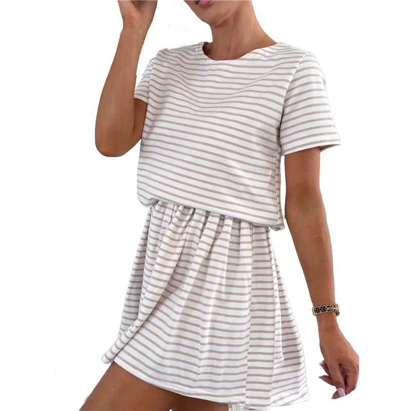 【SEE】 Robes d'été rayées pour femmes 2025 col rond manches courtes bloc de couleur décontracté une ligne robe t-shirt