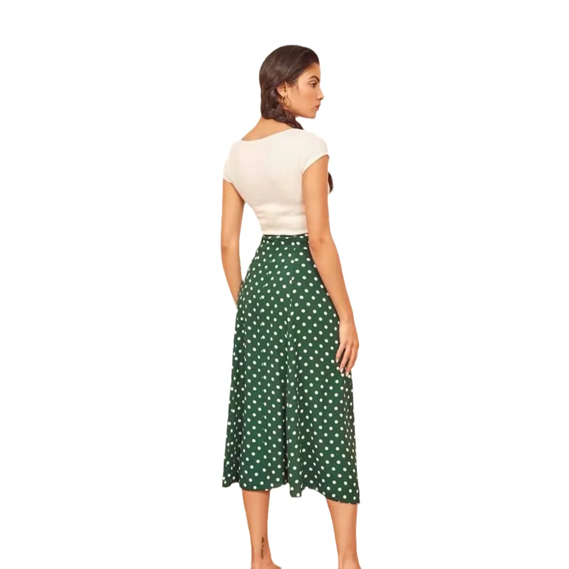 Bloemen Groene Stip Retro Rok Sexy Print Hoge Taille Side Slit Rok