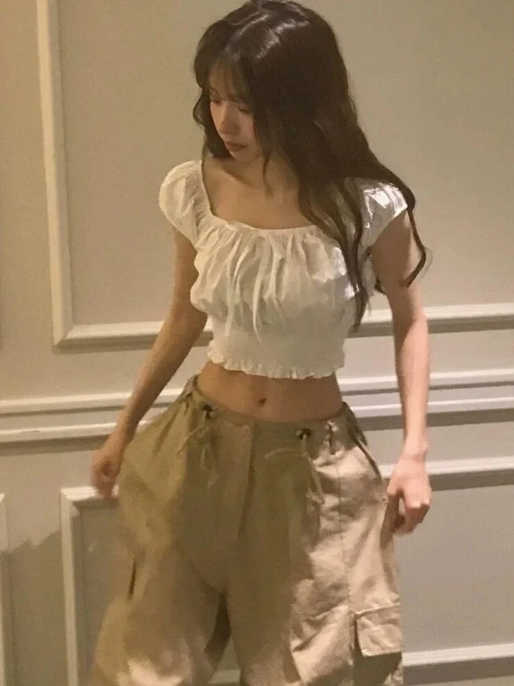 Summer New Style Women's One-Shoulder Shirt Folded Design Pure Desire Shoulder Exposure Waist-Increasing Cute White Shirt