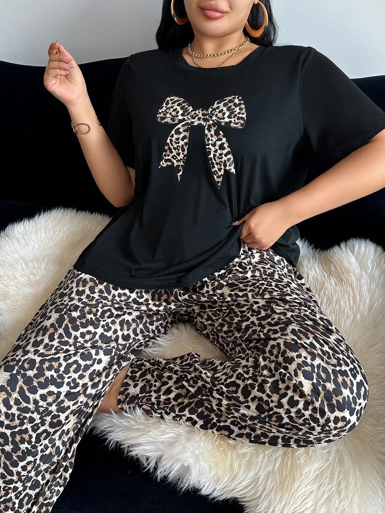 

Plus Size Leopard Print Bow Top & Pants Loungewear Set for Women