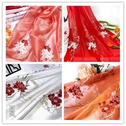 Chinese classical style orange Camellia printed embroidered fabric  chiffon fabric hanfu skirt cloth 1meter