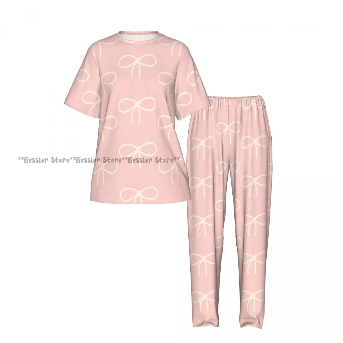 Women's 2-piece set Cute Pink Tones With Bows Pajamas Short sleeved Top and Pants Sleepwear - view 2