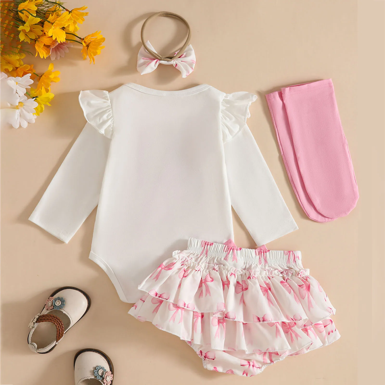 طفلة حلوة الزي مجموعة طويلة الأكمام لطيف Bowknot مطبوعة ارتداءها تكدرت تنورة هيرباند الجوارب أربع قطع مجموعة ropa de bebé