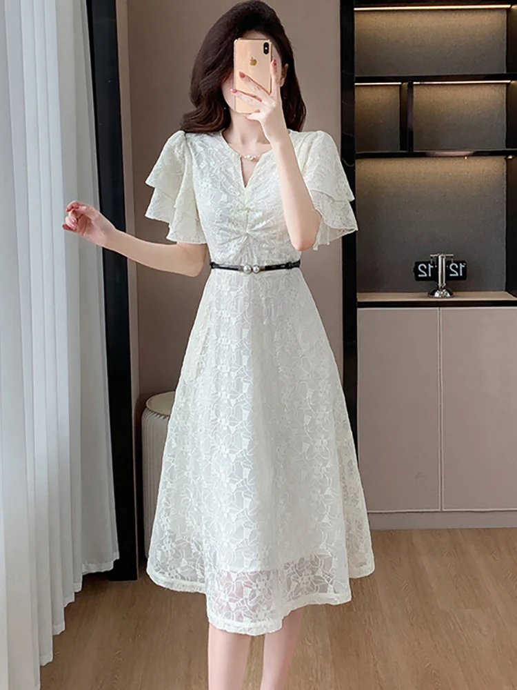 

2024 White Lace Jacquard Chic Diamonds Bandage Long Dress Summer Ruffled Short Sleeve Dress Women Korean Elegant Luxury Vestidos