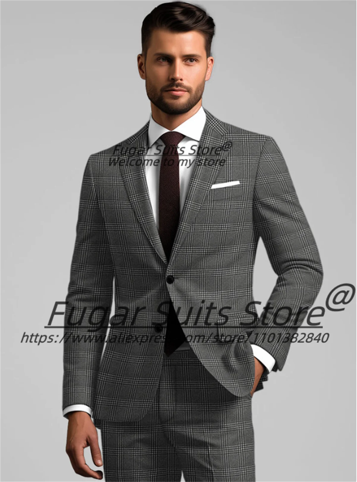 

French style Gray Plaid Men Suits Slim Fit Notched Lapel Groom Formal Tuxedos 2 Pieces Sets Classic Male Blazers Costume Homme