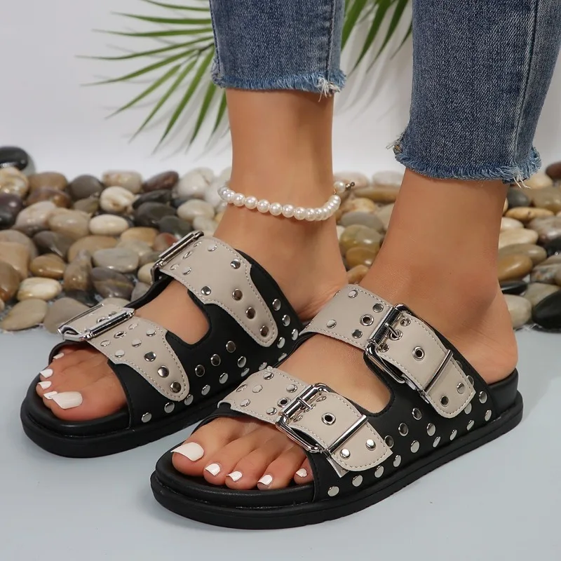 Belt Buckle Rivet Slippers Flat with Solid Color Fashion One Strap Round Toe Sandals Party Dress Concise Shoes for Women Summer