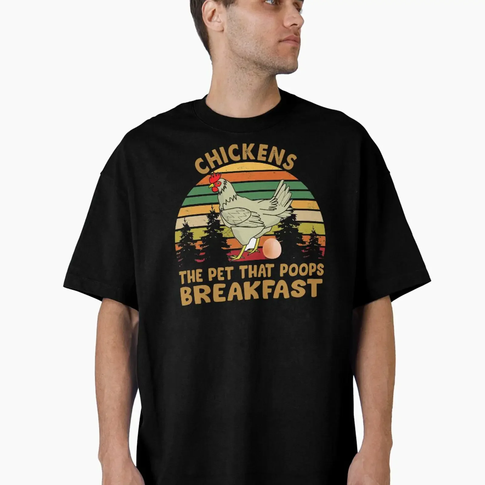 Chickens the Pet that Poops Breakfast Oversized T Shirt vintage Washed Stretched Casual Stylish Top For Everyday Wear homme