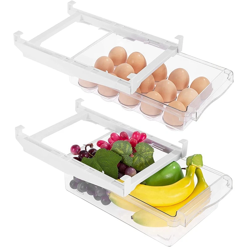 2 Pack Pull Out Fridge Drawer Organizer, Fridge Storage Box Clear Container Food Drinks Eggs Fruit