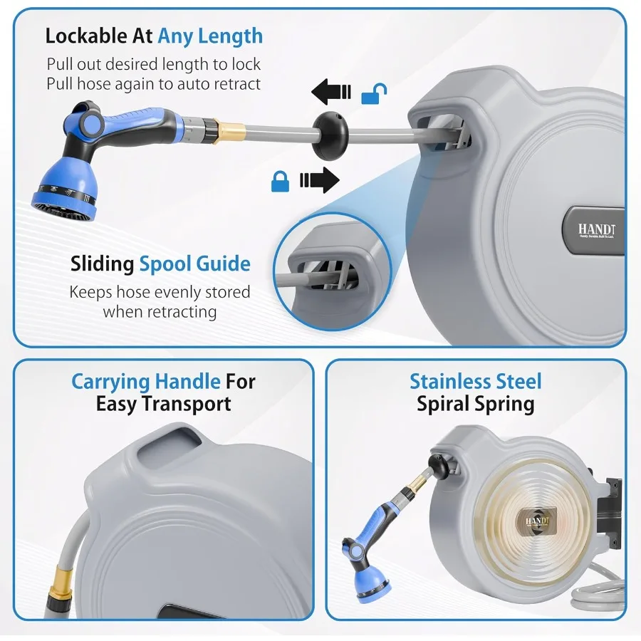 Enrouleur de tuyau d'arrosage rétractable basé sur les États-Unis, 1, 2 po x 50 pieds, connexion rapide, pulvérisateur à 10 motifs pour l'irrigation extérieure dans le mur