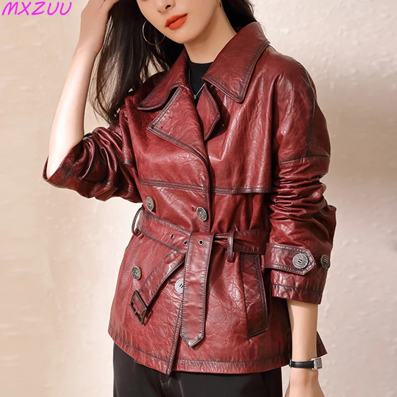 Roupas Femininas Autumn Women\'s Suit Collar Lace-up Waist Oil Wax Sheepskin Gabardina Mujer Vintage Red Wine Short Trench Coats