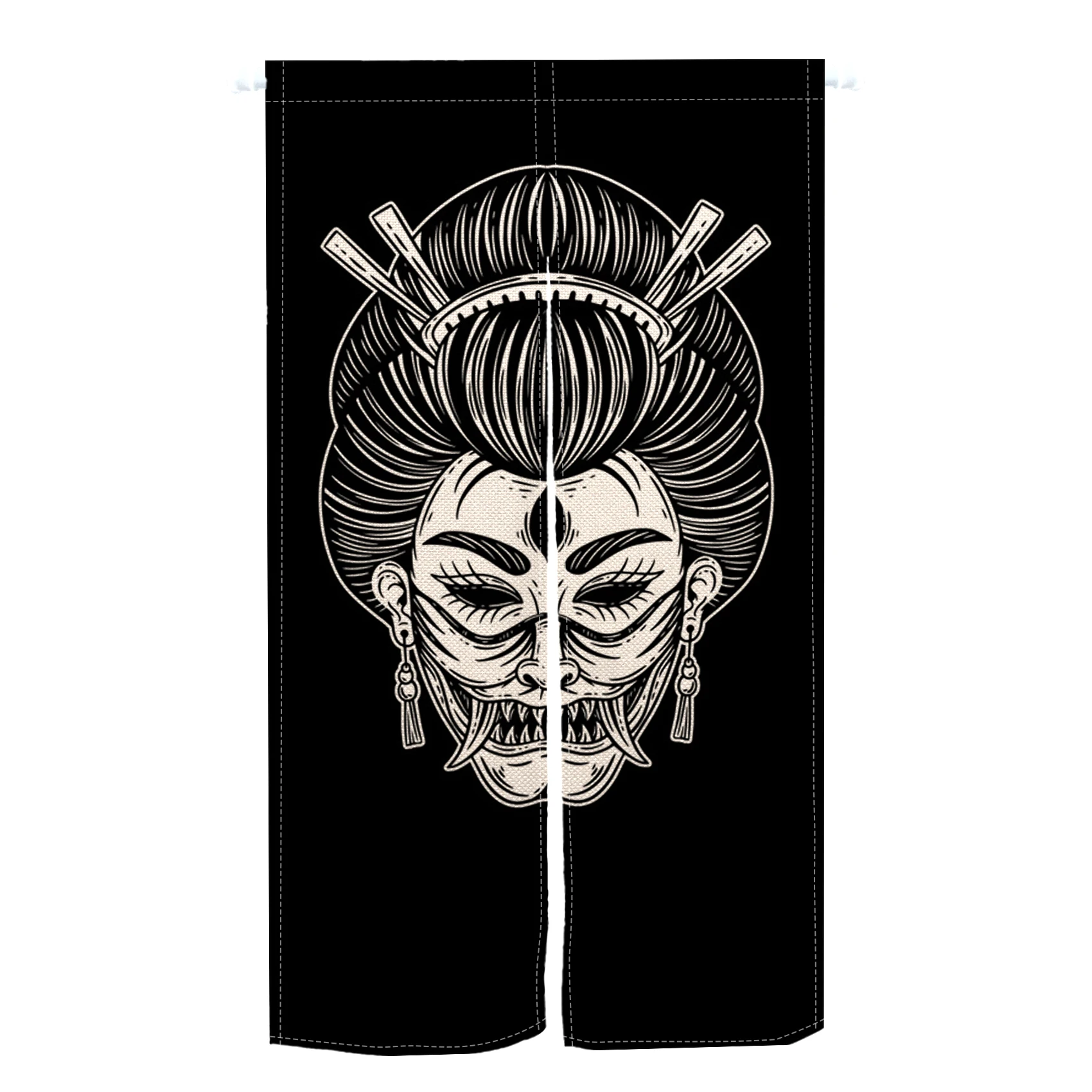 Horror Japanese Geisha Girl with Devil Mask Door Curtain Kitchen Bedroom Izakaya Porch Doorway Entrance Partition Half Curtain