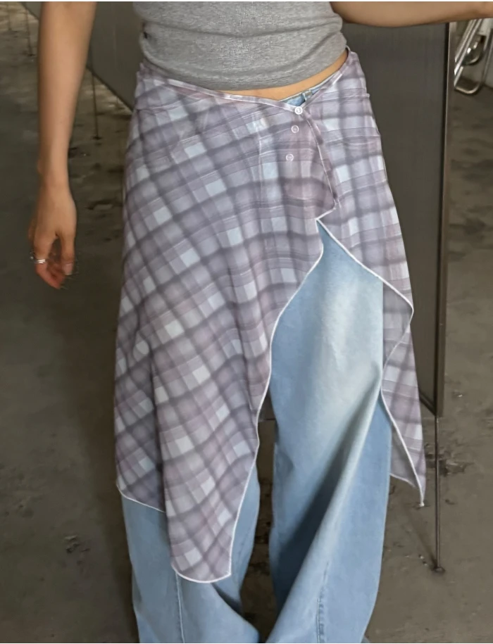 Koreański styl Jednoczęściowa, warstwowa, szyfonowa półspódnica w kratę