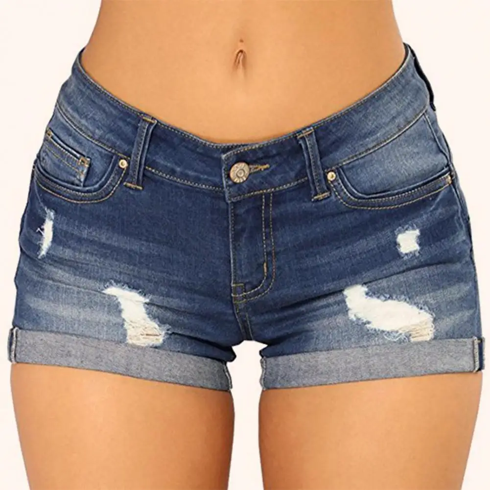 Trendy Lady Shorts Wear-resistant Ripped Pure Colors Soft Short Jeans  Women Jeans Slim Fit