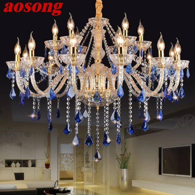 AOSONG European Blue Crystal Pendent Lamp Luxury Living Room Restaurant Bedroom Villa Clothing Store Beauty salon KTV Chandelier