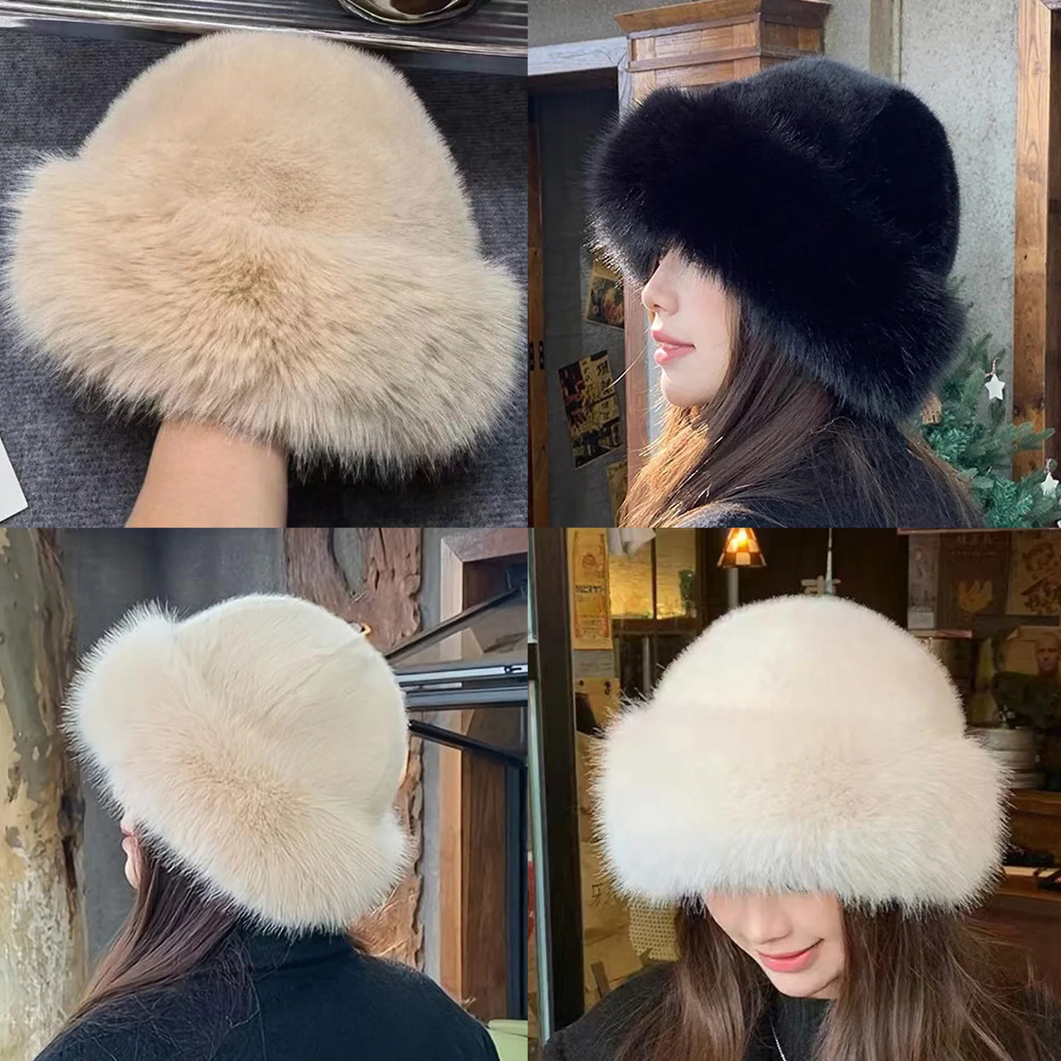 

1Pc Y2k Fluffy Faux Fur Bucket Hats Women Warm Thick Plush Winter Hat Lady Fluffy Fur Ear Protection Cap Windproof Panama Caps