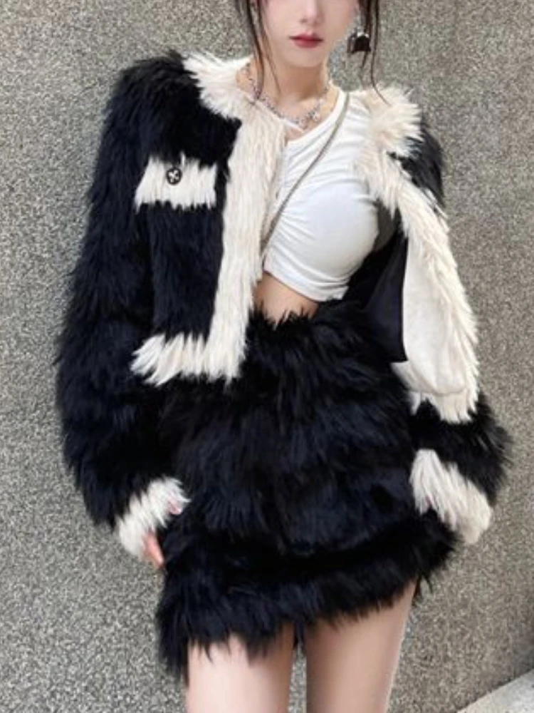 

Korean Fashion Two Piece Set Women Fluffy Patchwork French Vintage Mini Skirt Suit Female Office Lady Fleece Elegant Set 2023